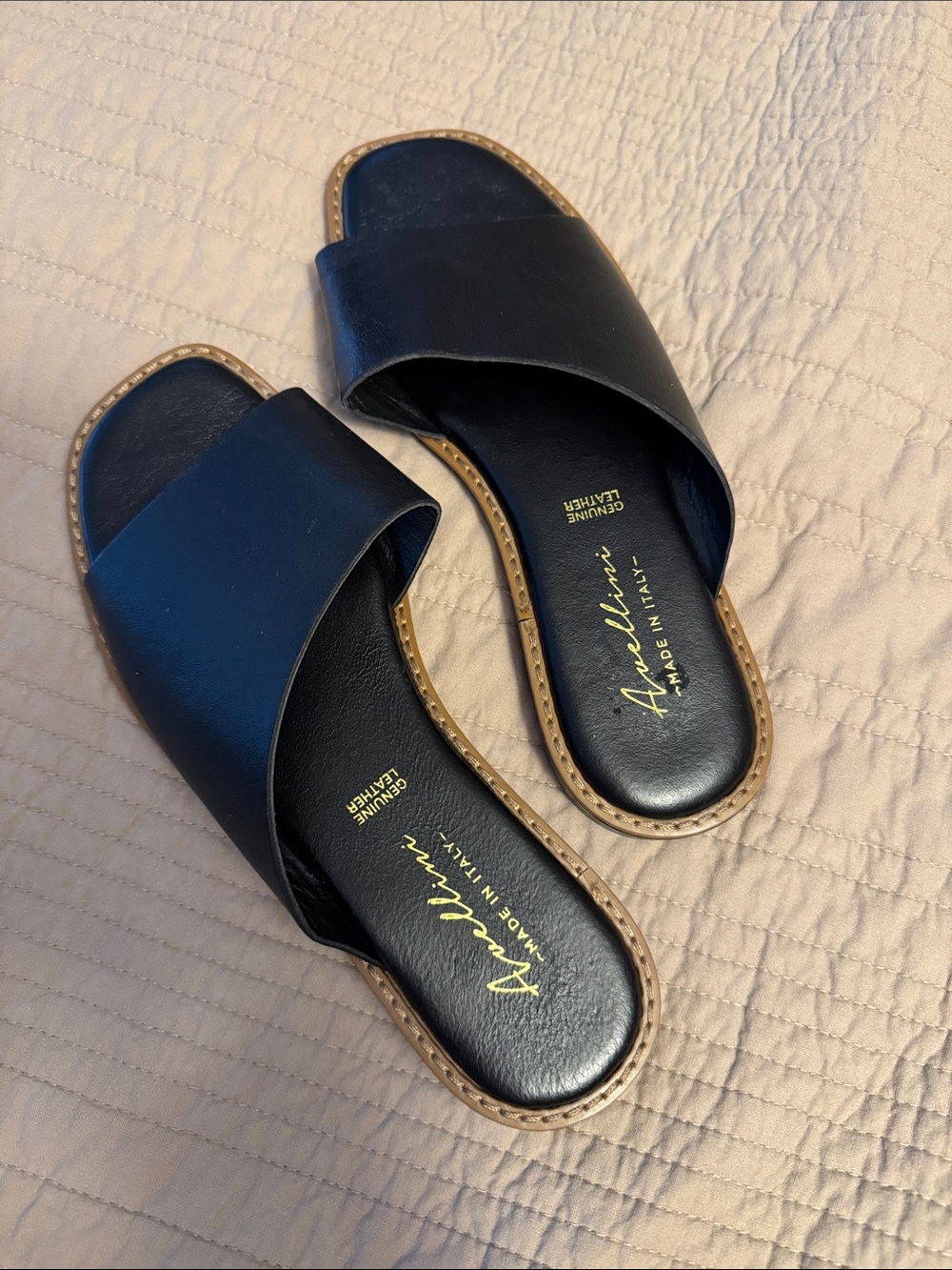 Avellini Black Slide Sandals with Tan Trim